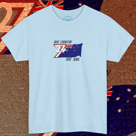 Front perspective of the premium Light Blue Australia flag shirt with a refined hand-drawn finish.