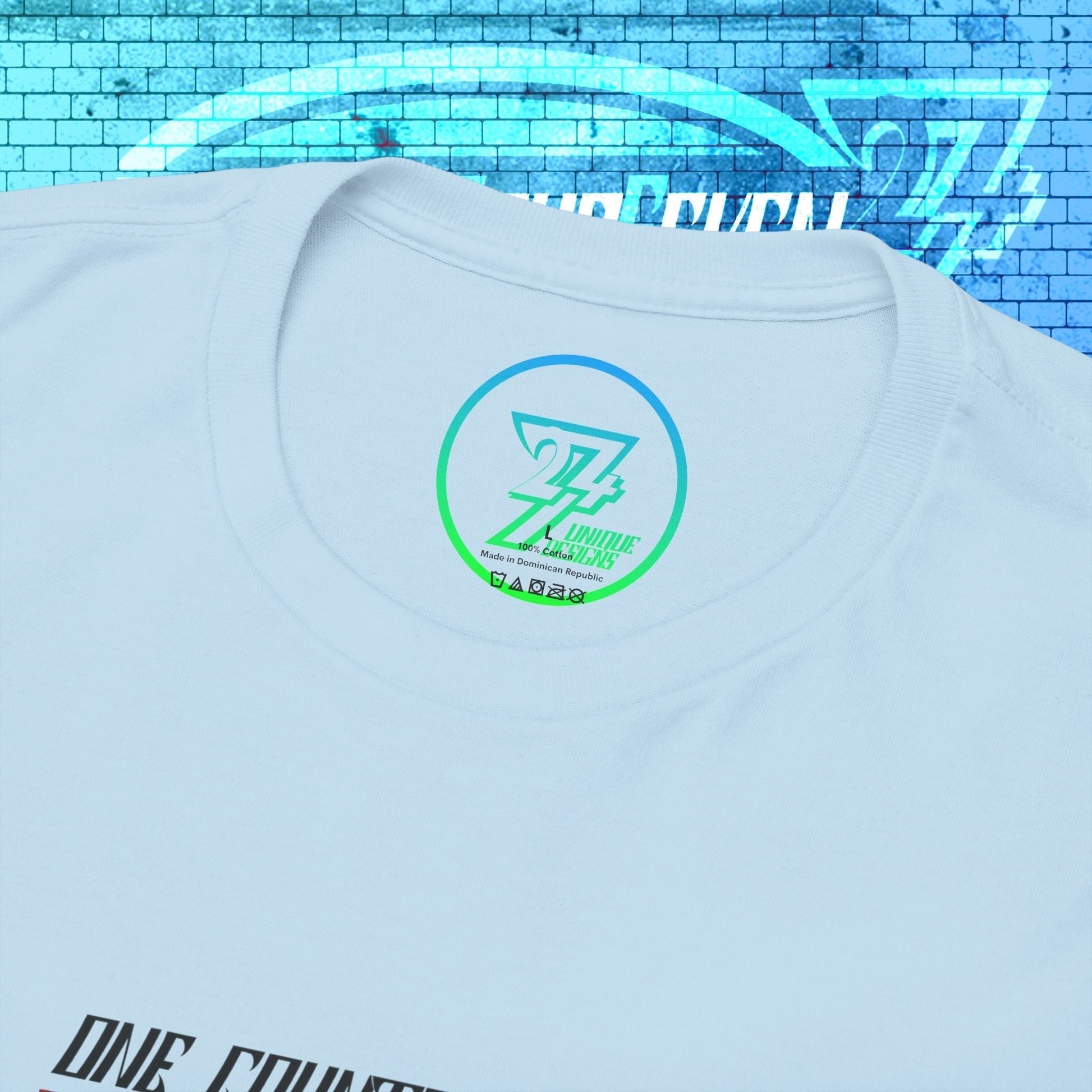Macro close-up of the inner neck label showing the authentic 24/7 Unique Designs™ trademark logo on the Australia flag tee.