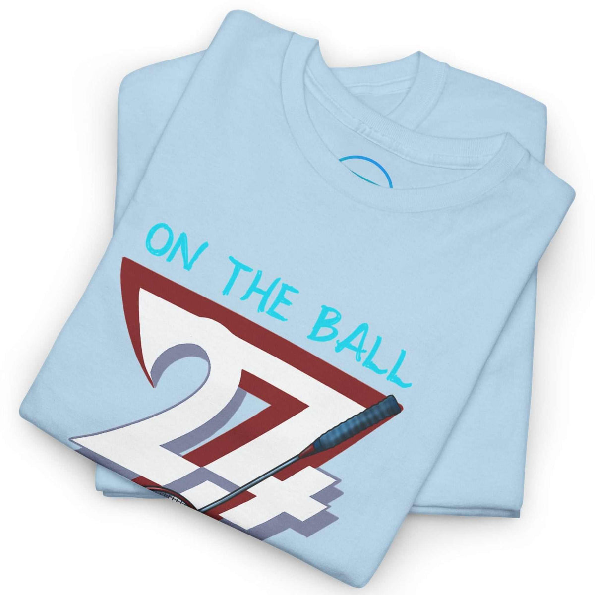 Neatly folded light blue badminton player gift shirt highlighting the crisp digital front print and durable fabric, laid flat.