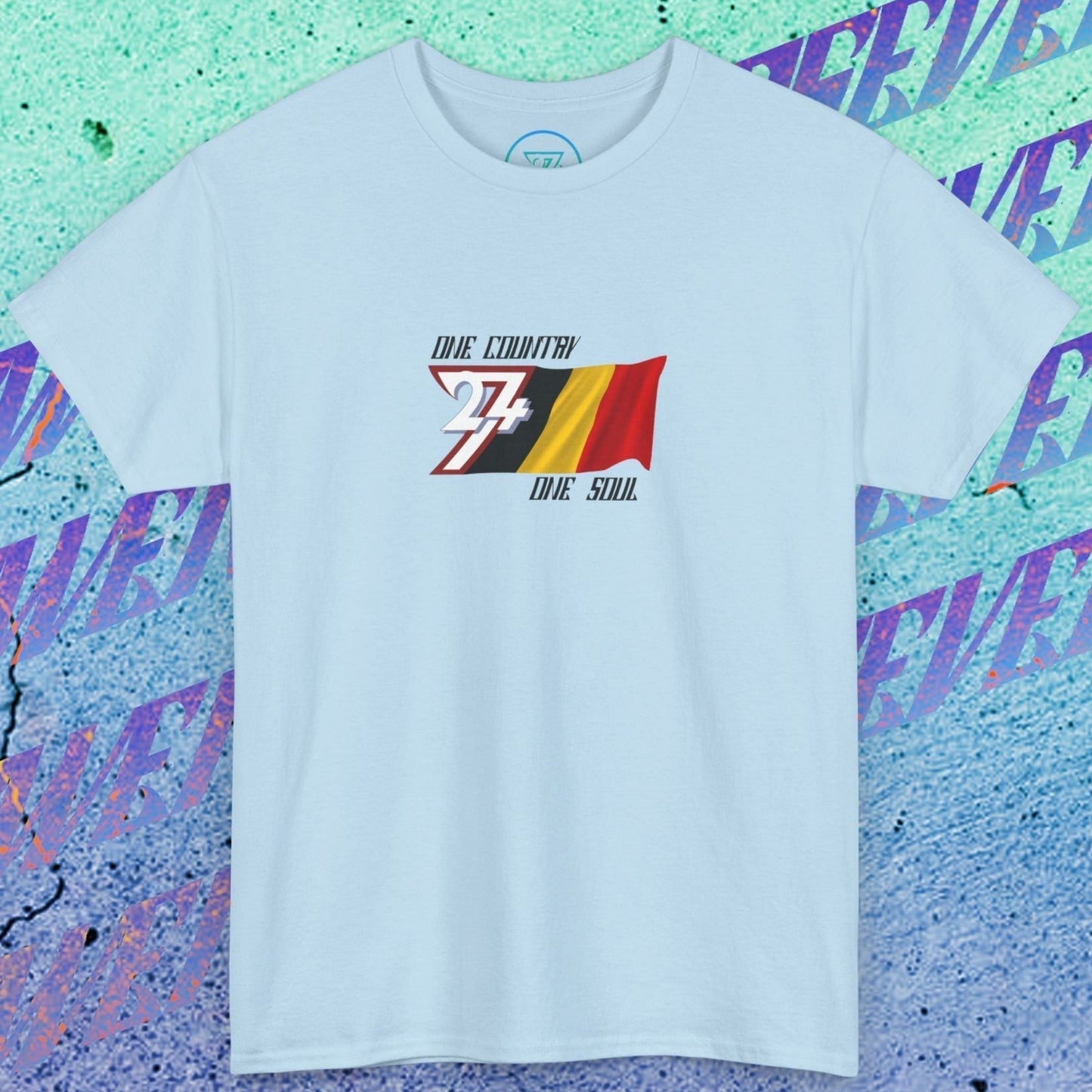 Front perspective of the premium Light Blue Belgium flag shirt with a refined hand-drawn finish and "One Country One Soul" text.