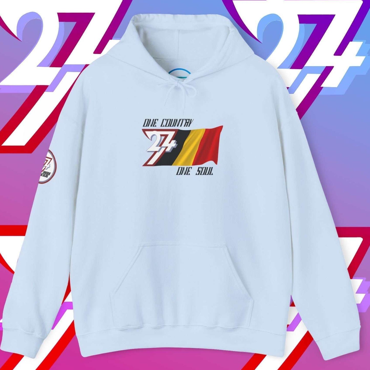 Light Blue Belgium hoodie showing fleece lining and 24/7 signature sleeve branding.
