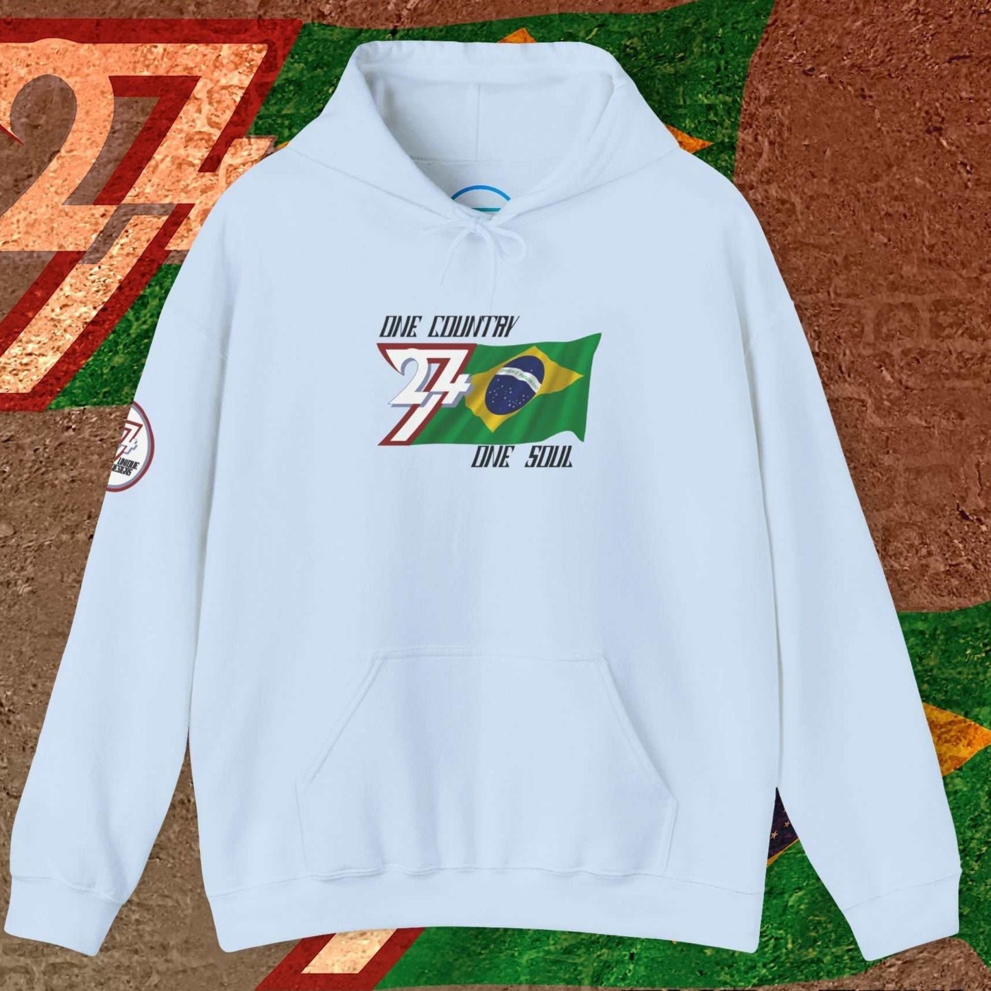 Full product shot of the Light Blue Brazil flag hoodie showcasing the hand-drawn artwork.