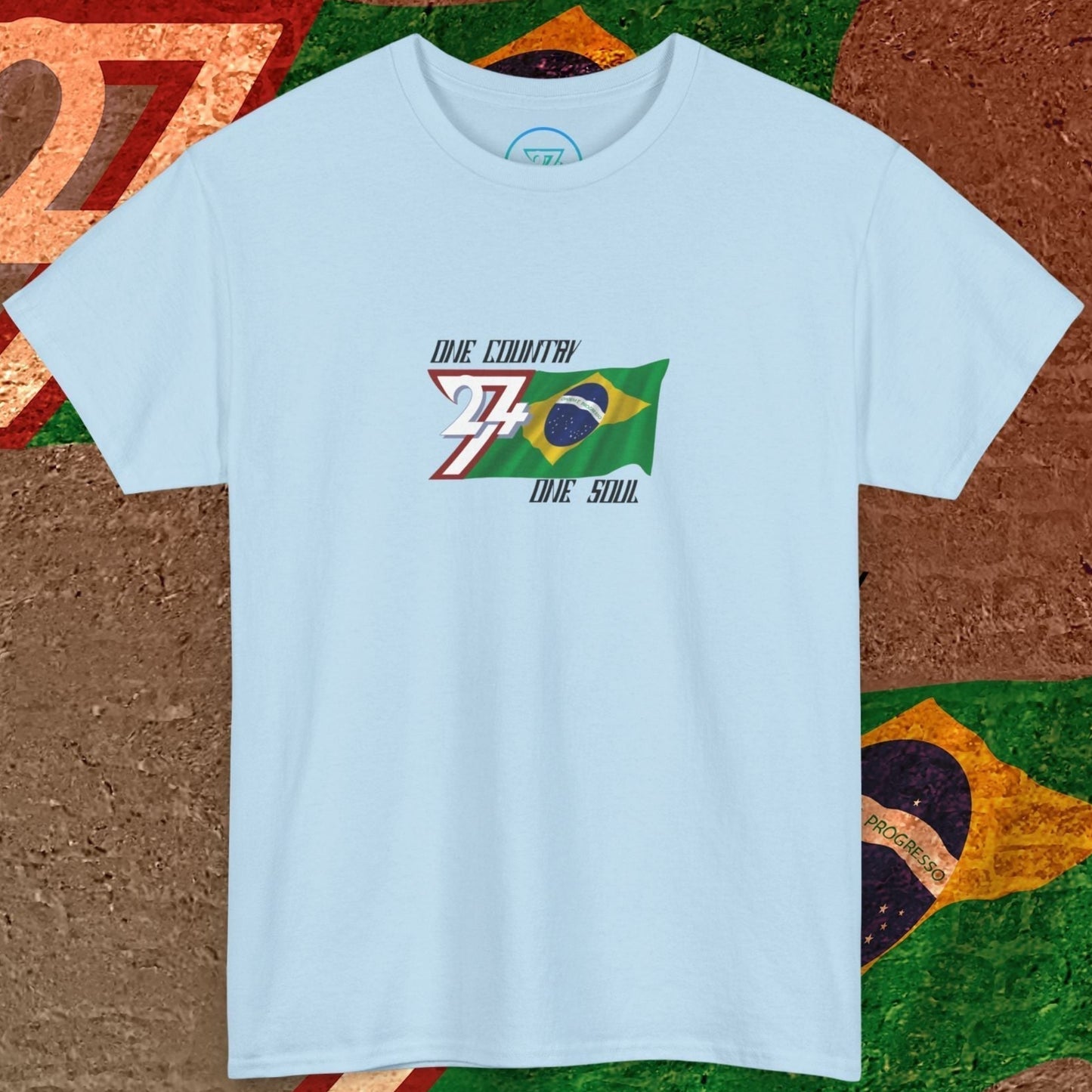 Front perspective of the premium Light Blue Brazil flag shirt with a refined hand-drawn finish and "One Country One Soul" text.