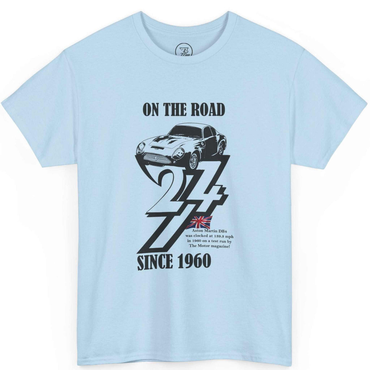 Front view of a light blue British automotive history tee showcasing the DB4 front graphic, displayed on a clean background.