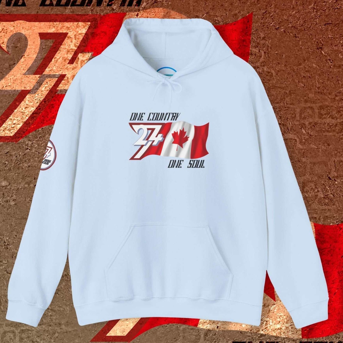 Light Blue Canada hoodie showing fleece lining and 24/7 signature sleeve branding.