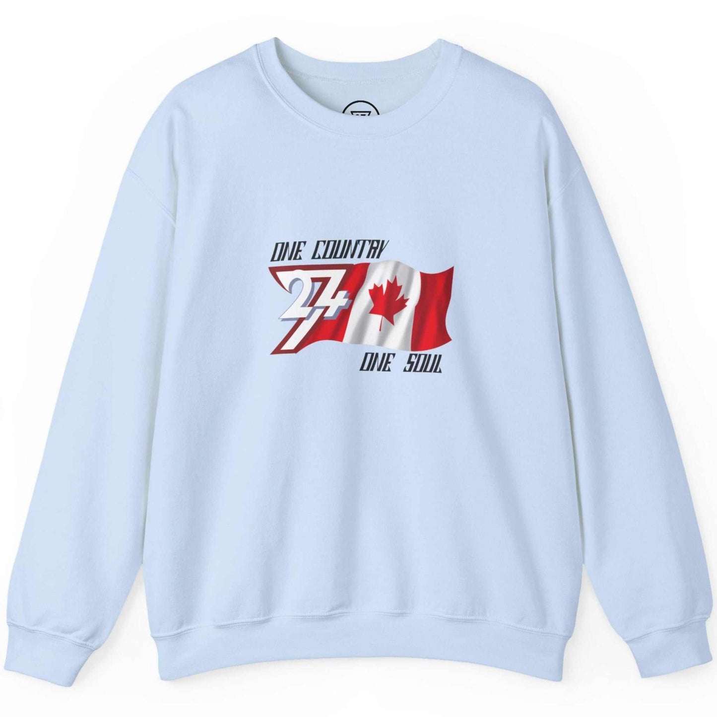 Solid light blue Canadian heritage winter top displaying the one soul typography.