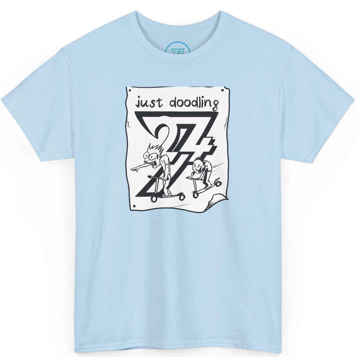 Soft light blue cartoon character t-shirt highlighting the retro sketch aesthetic, laid flat.