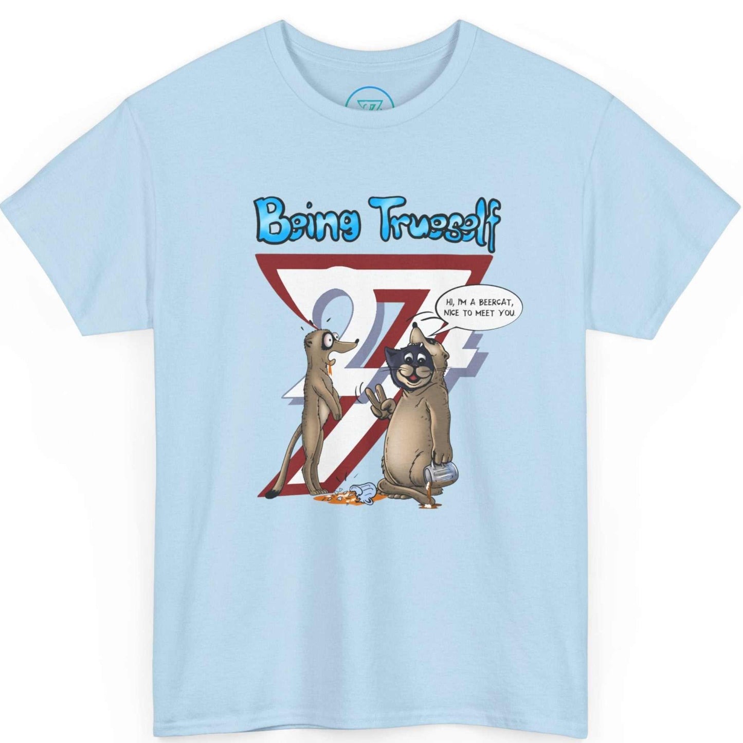 Light blue cat lover gift apparel tee displaying the original comic character design, laid flat.