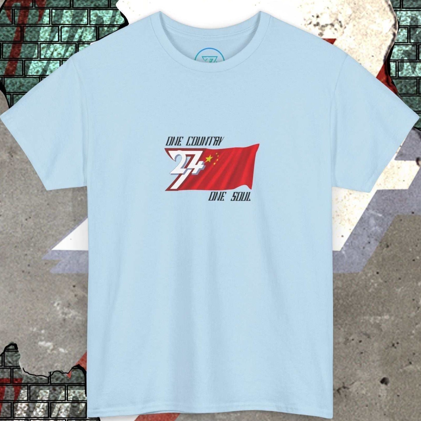 Front perspective of the premium Light Blue China flag shirt with a refined hand-drawn finish and "One Country One Soul" text.