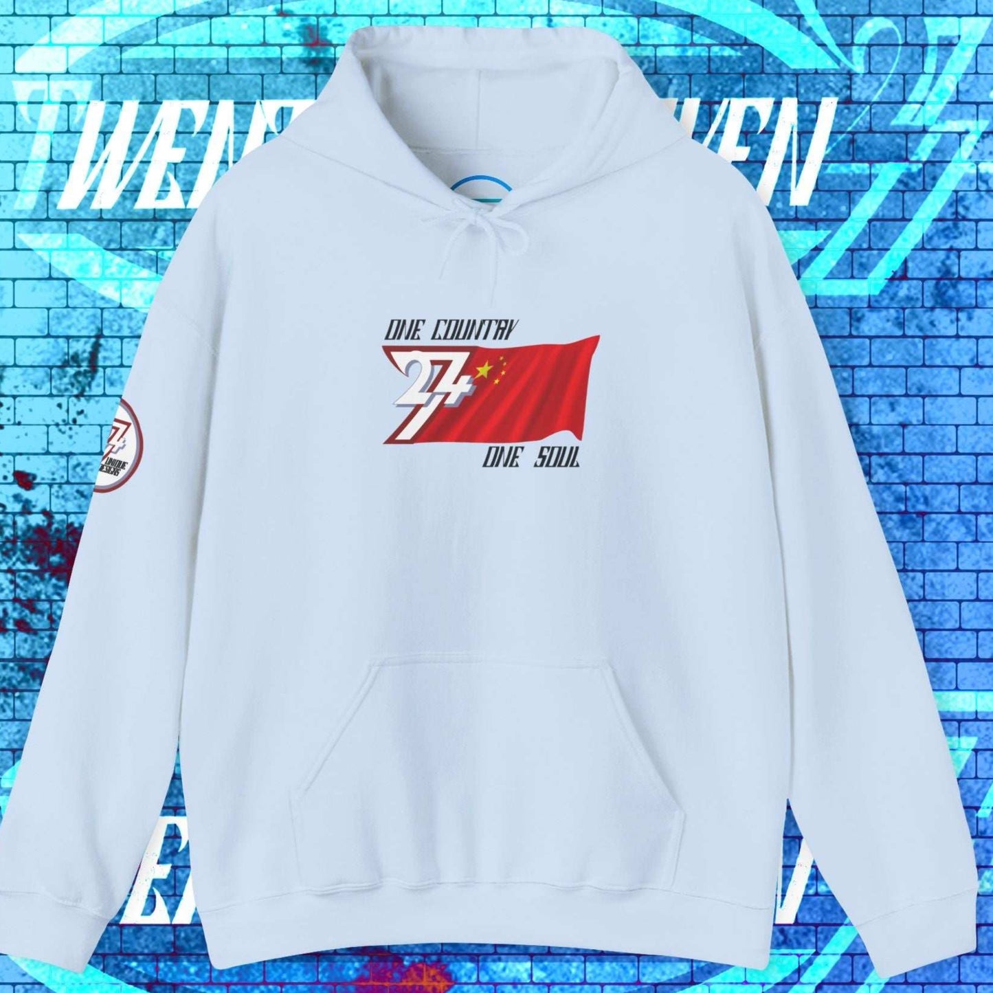 Full product shot of the Light Blue China flag hoodie showcasing the hand-drawn artwork.