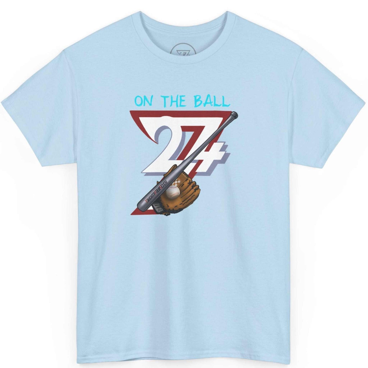 Front view of a light blue comic style baseball graphic tee highlighting the digital sports art, displayed on a clean background.