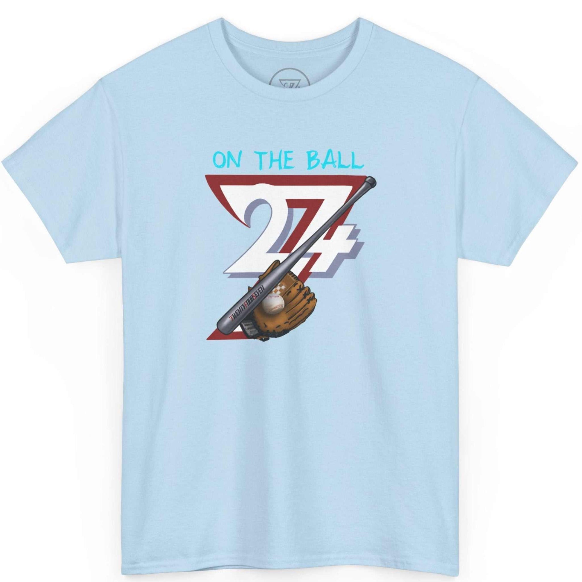 Front view of a light blue comic style baseball graphic tee highlighting the digital sports art, displayed on a clean background.