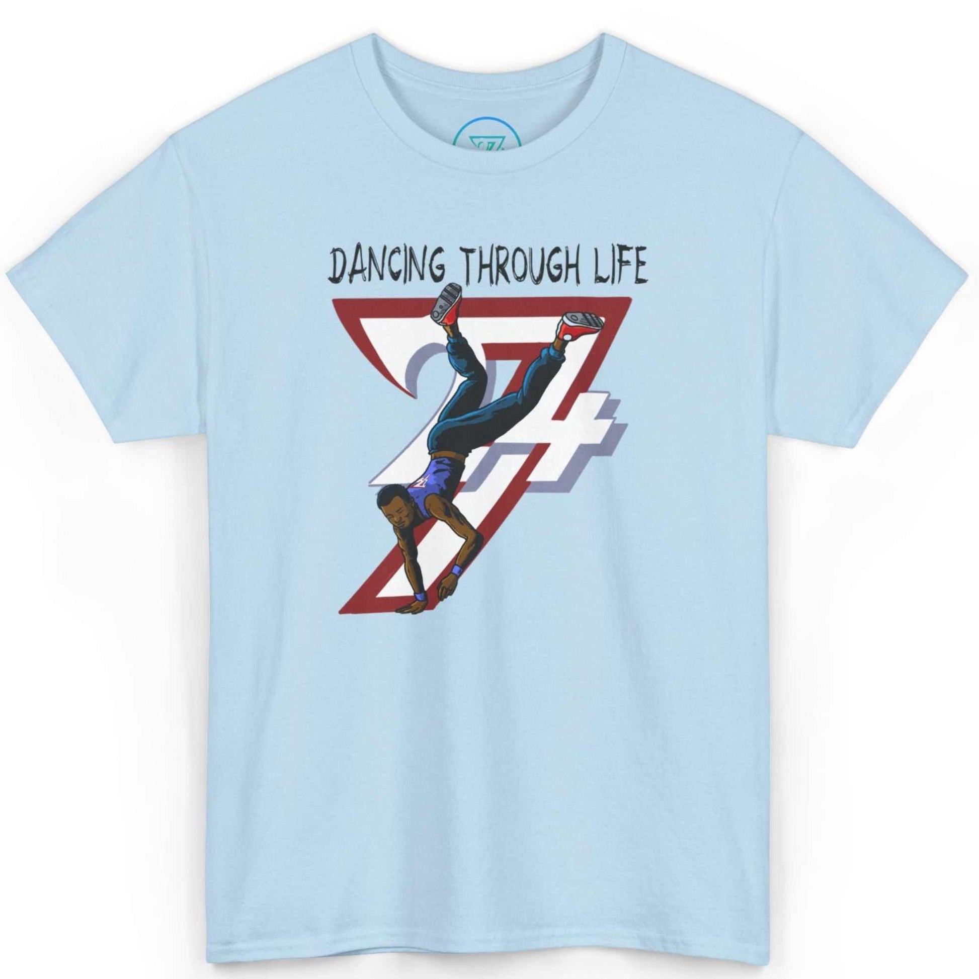 Front view of a light blue Dancing Through Life tee featuring the authentic comic-style illustration, laid flat on a clean background.