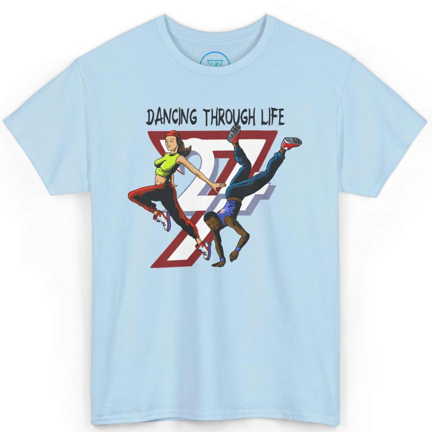 Front view of a light blue Dancing Through Life tee featuring the vibrant group dance graphic, laid flat.