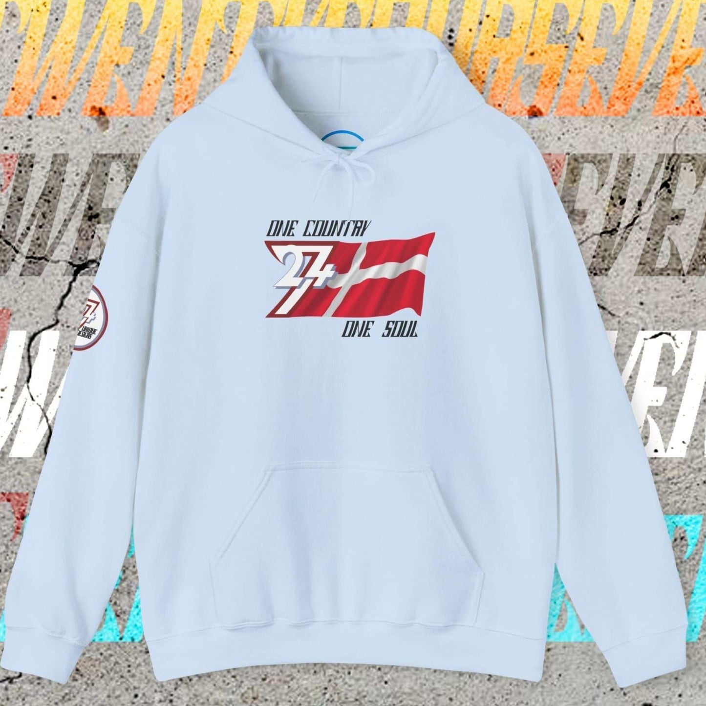 Light Blue Denmark hoodie showing fleece lining and 24/7 signature sleeve branding.