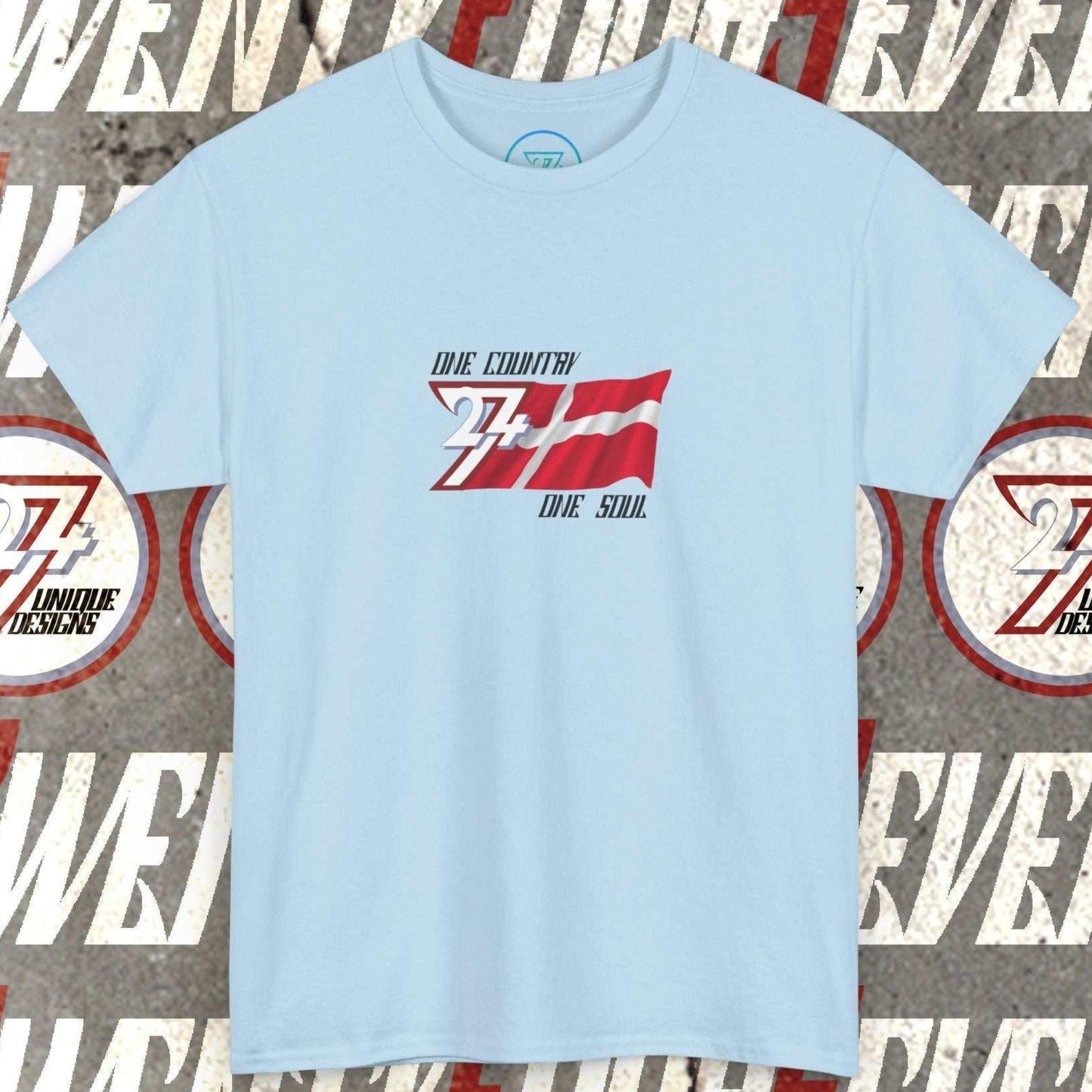 Front perspective of the premium Light Blue Denmark flag shirt with a refined hand-drawn finish and "One Country One Soul" text.