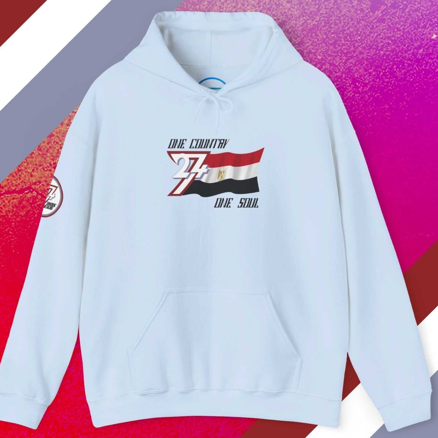 Full product shot of the Light Blue Egypt flag hoodie showcasing the hand-drawn artwork.