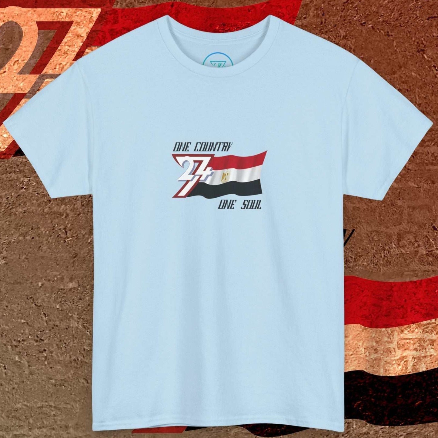Front perspective of the premium Light Blue Egypt flag shirt with a refined hand-drawn finish and "One Country One Soul" text.