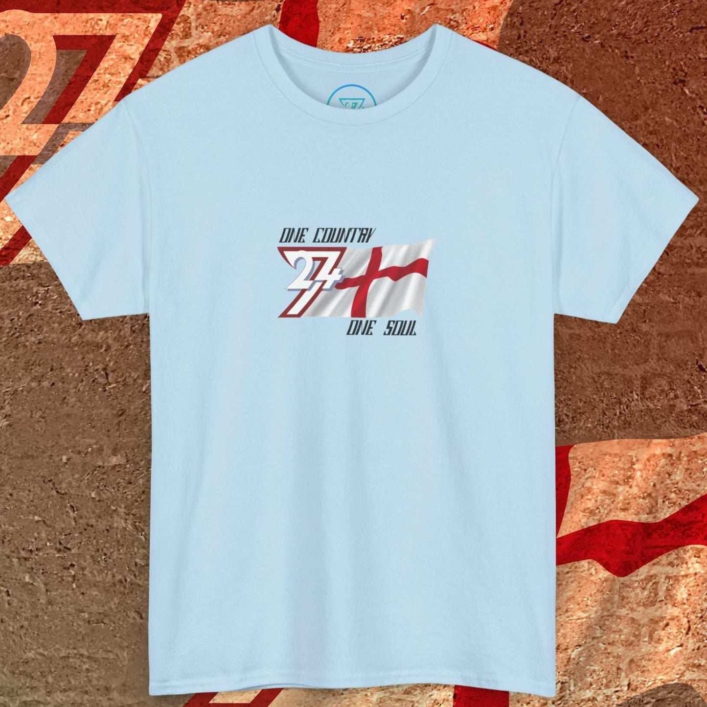 Front perspective of the premium Light Blue England flag shirt with a refined hand-drawn finish and "One Country One Soul" text.