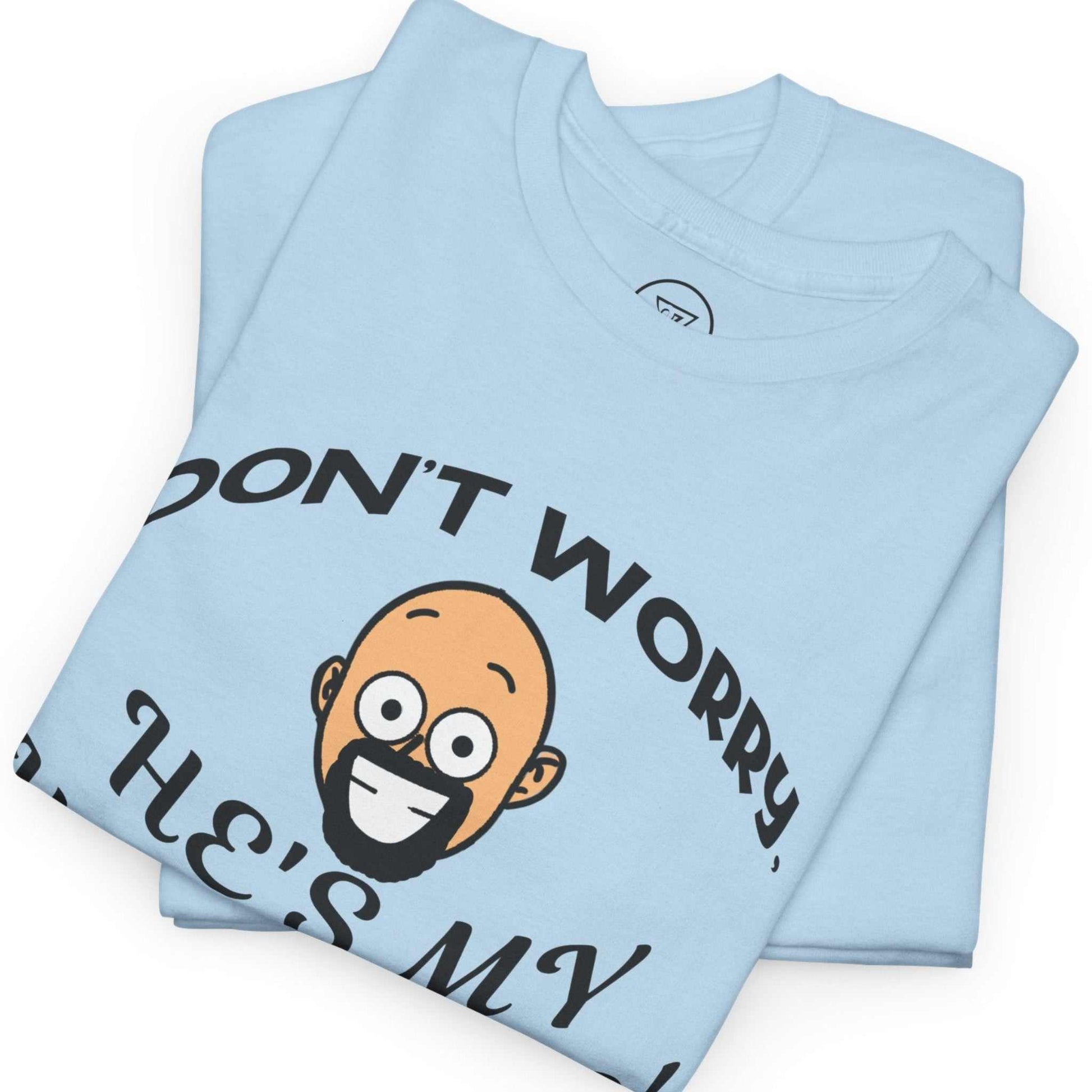 Folded presentation of the light blue ethically sourced cotton shirt featuring the hilarious festival wear typography.