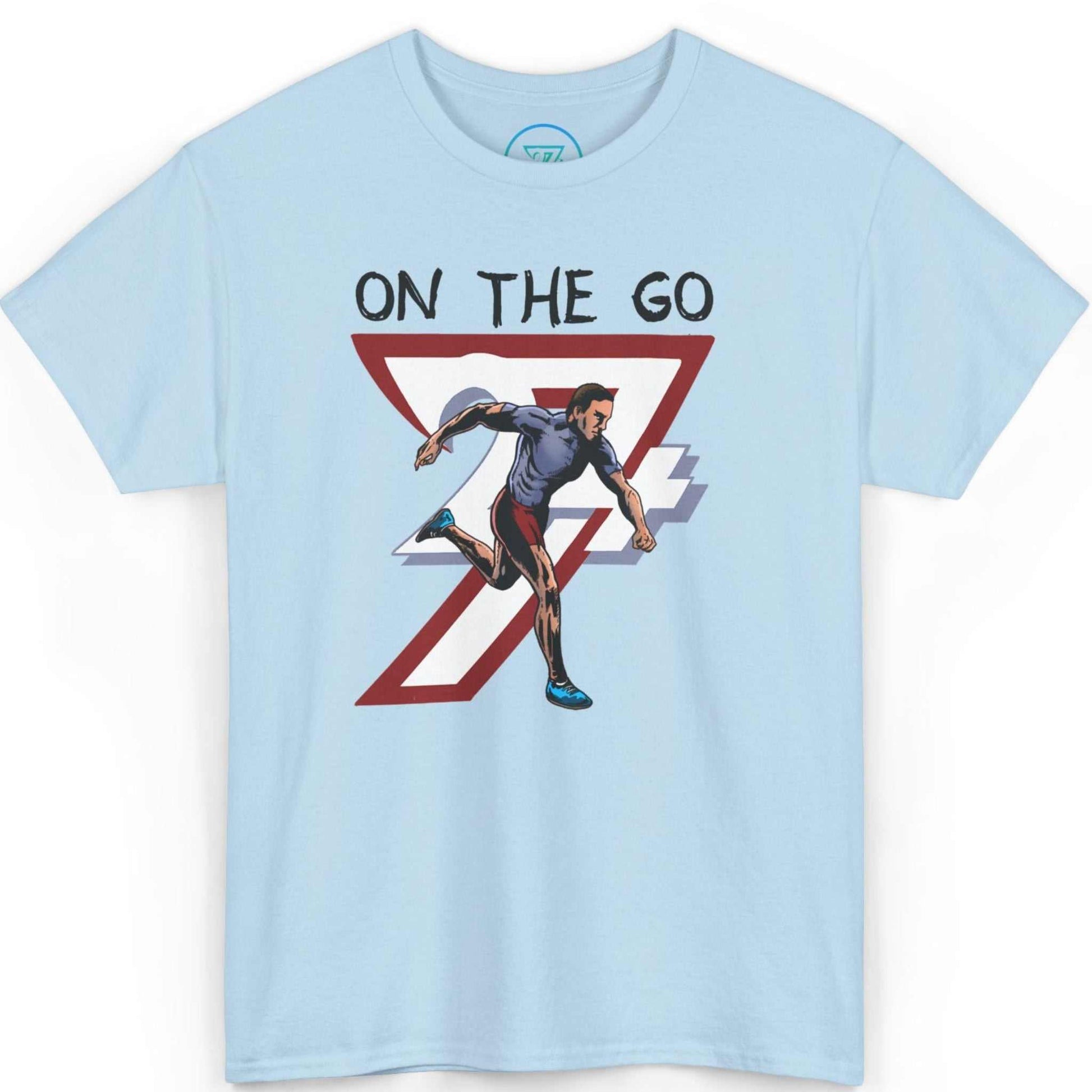 Front view of a light blue everyday activewear tee featuring the dynamic hand-drawn runner graphic, laid flat on a clean background.