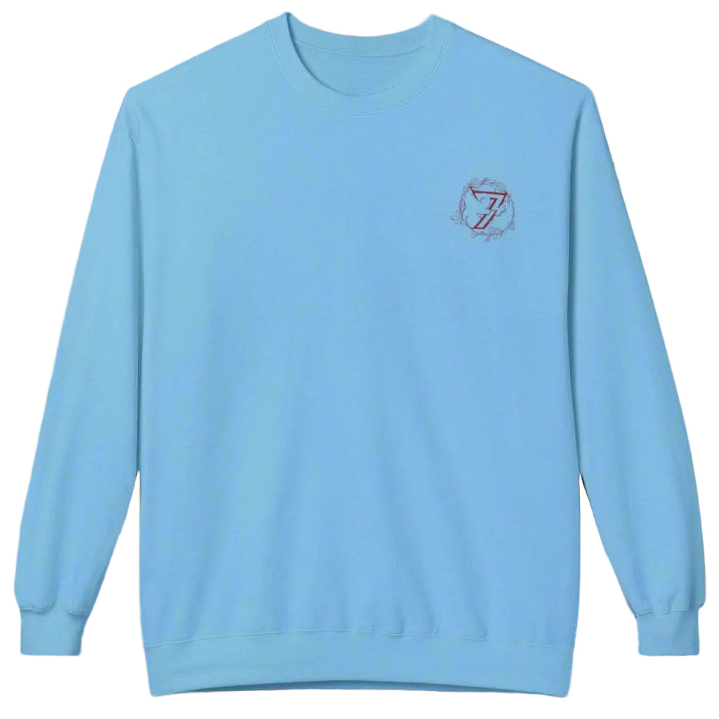 Light blue casual everyday jumper featuring an elegant flower illustration.