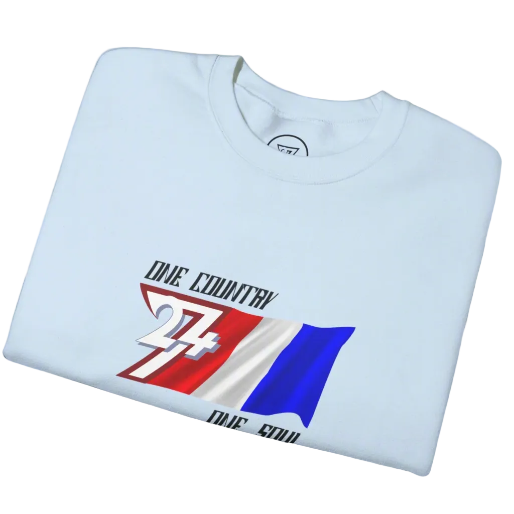 White unisex sweatshirt featuring a hand-drawn France flag graphic with "One Country One Soul" slogan, perfect for patriotic wear.