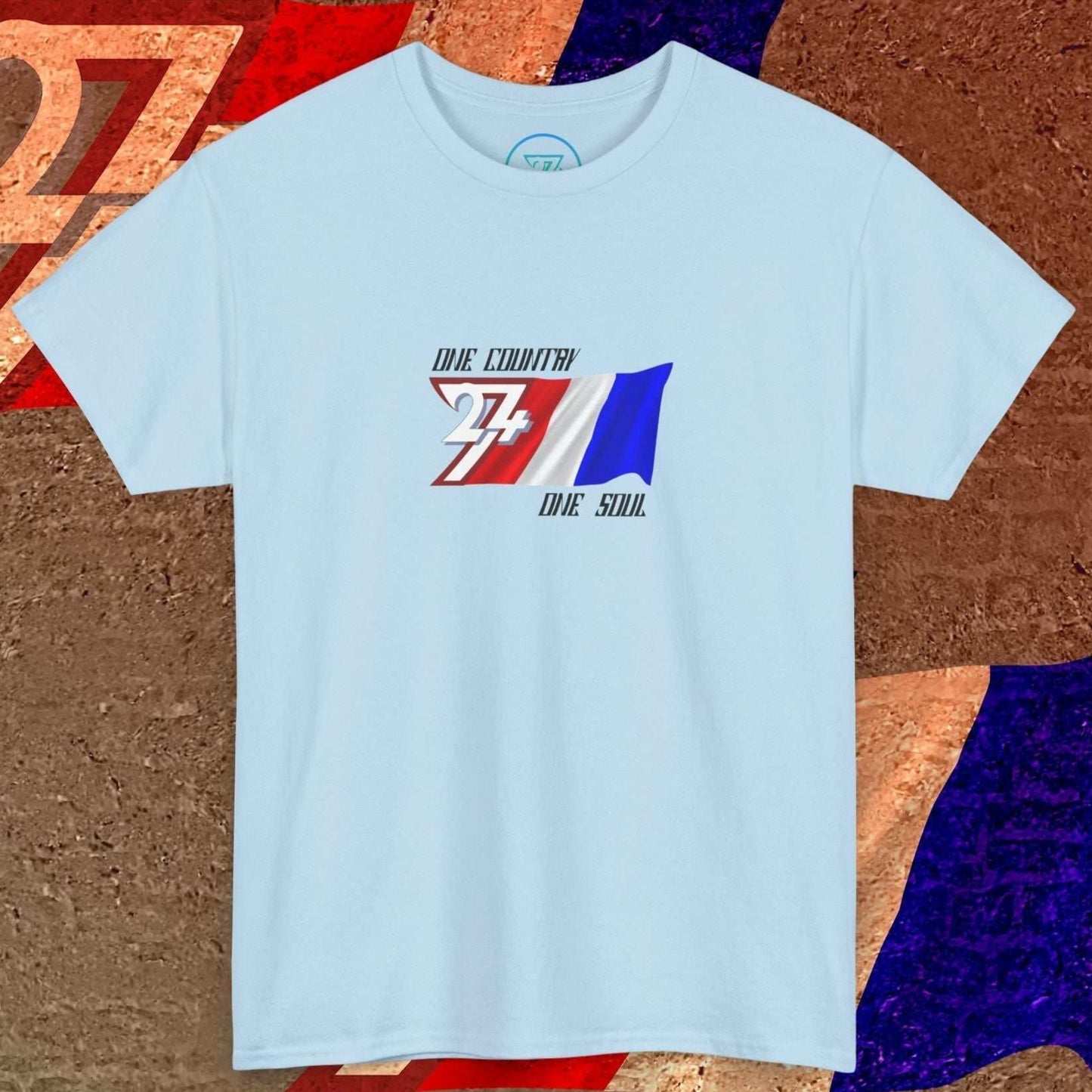 Front perspective of the premium Light Blue France flag shirt with a refined hand-drawn finish and "One Country One Soul" text.