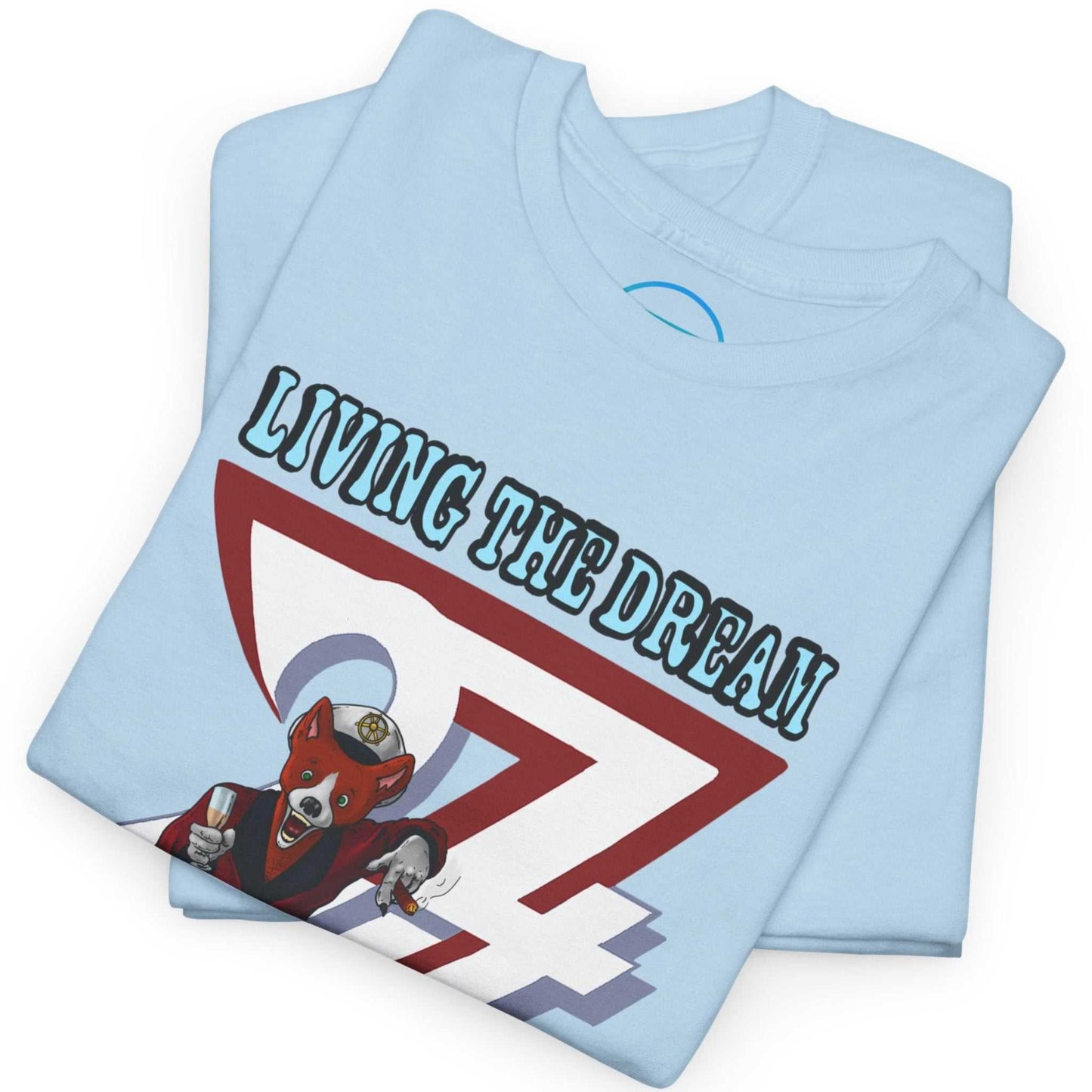 Neatly folded light blue funny bachelor party shirt showing the premium cotton fabric and the colorful print, laid flat.