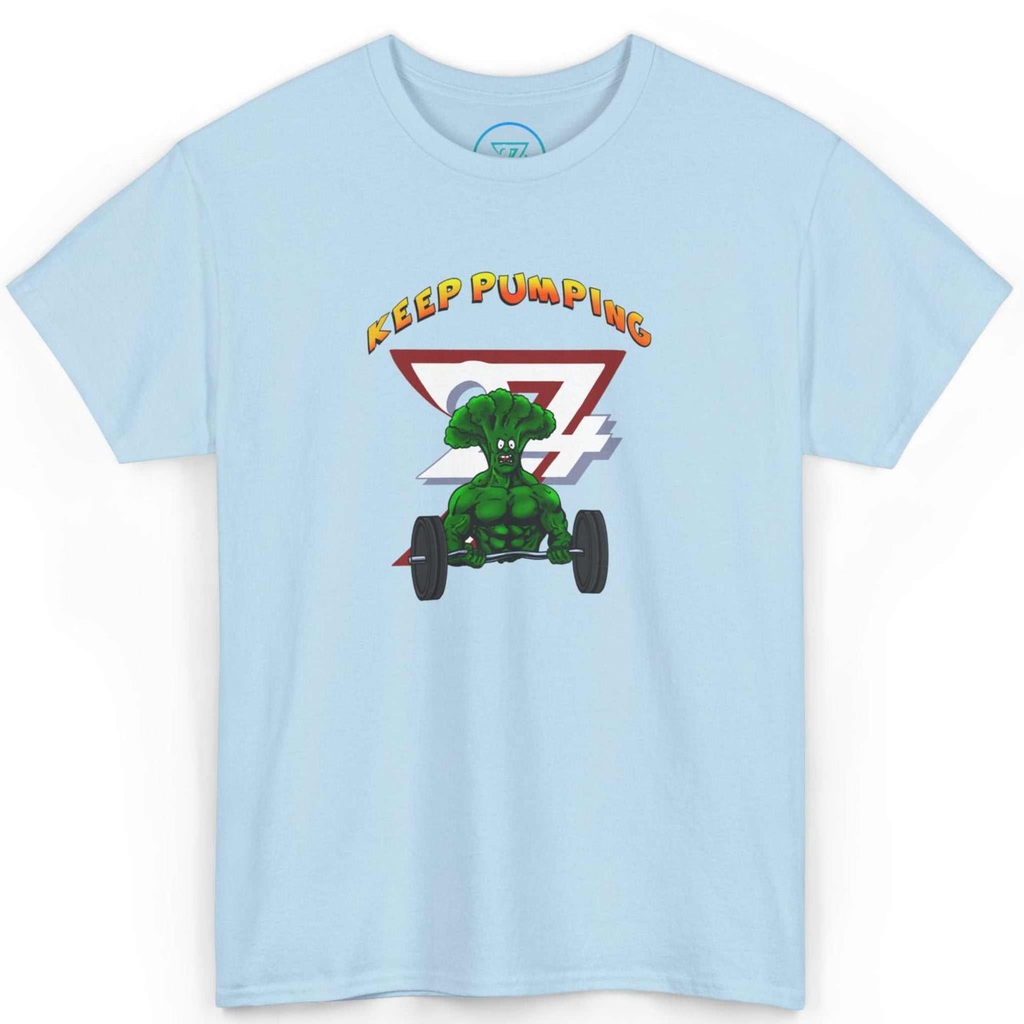 Front view of a light blue funny broccoli weightlifting shirt showcasing the playful hand-drawn art, laid flat.