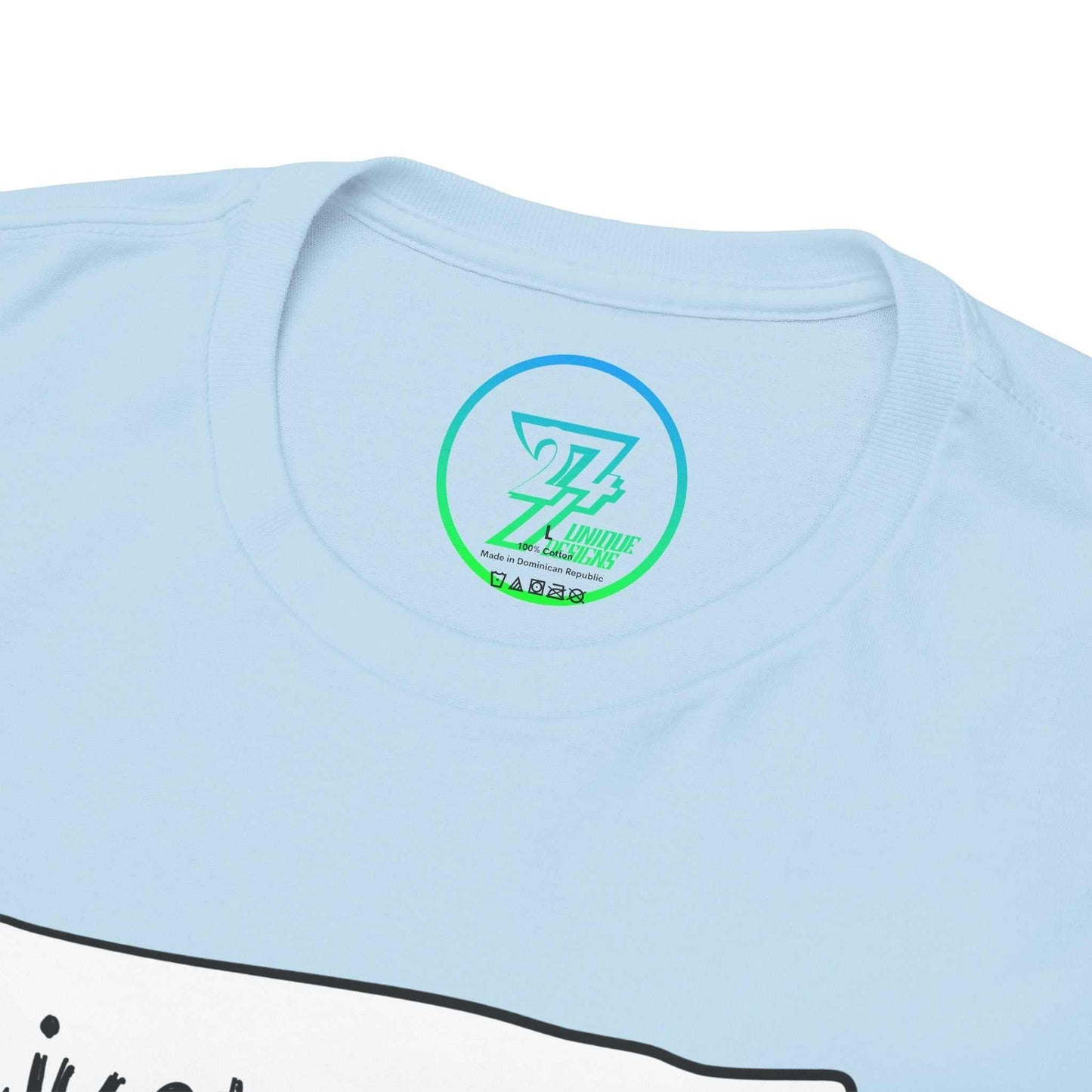 Close-up of the timeless crew neckline on the light blue funny dog lover graphic tee, highlighting the neat construction and 24/7 logo internal label.