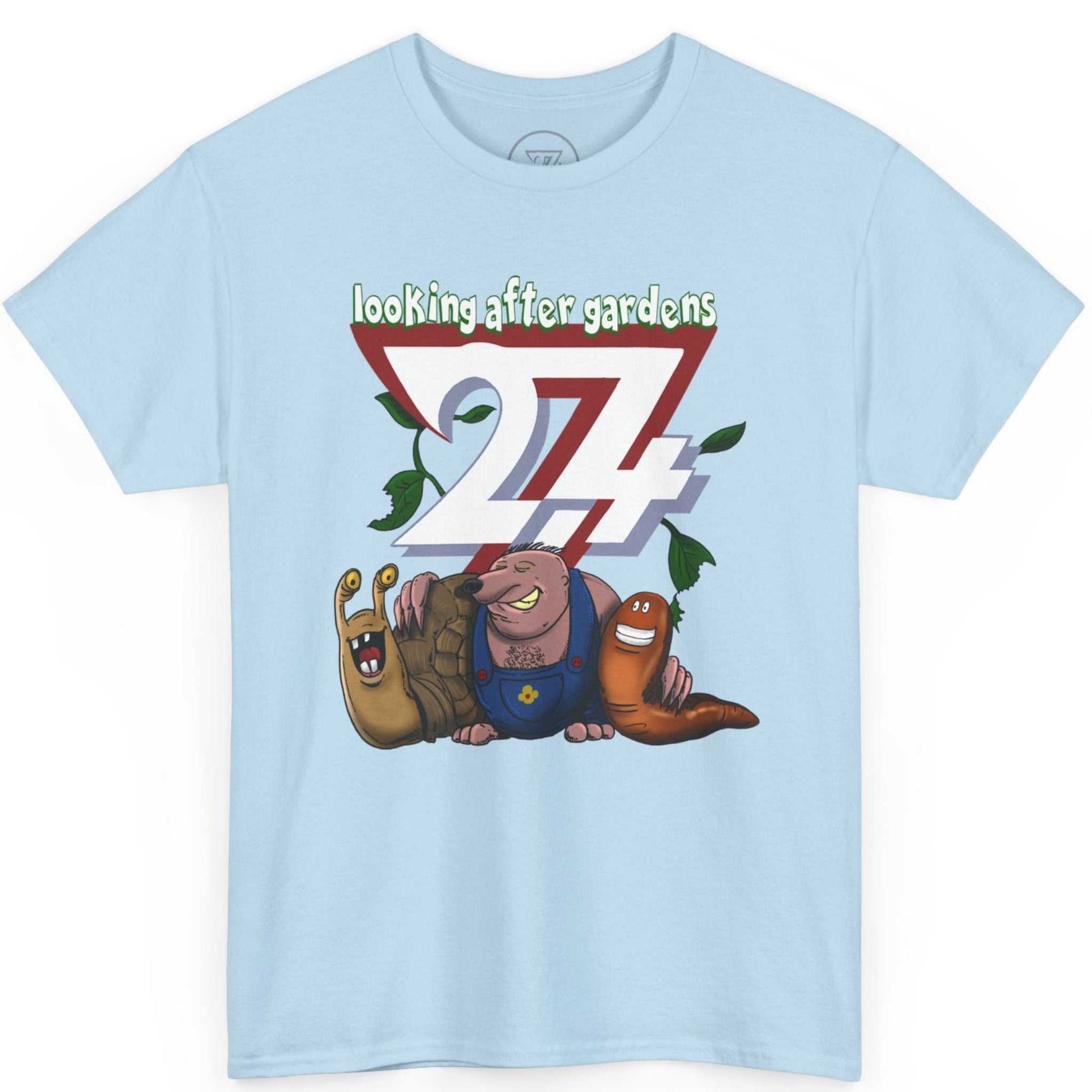 Light blue funny gardening shirt showcasing the whimsical illustration, displayed on a clean background.