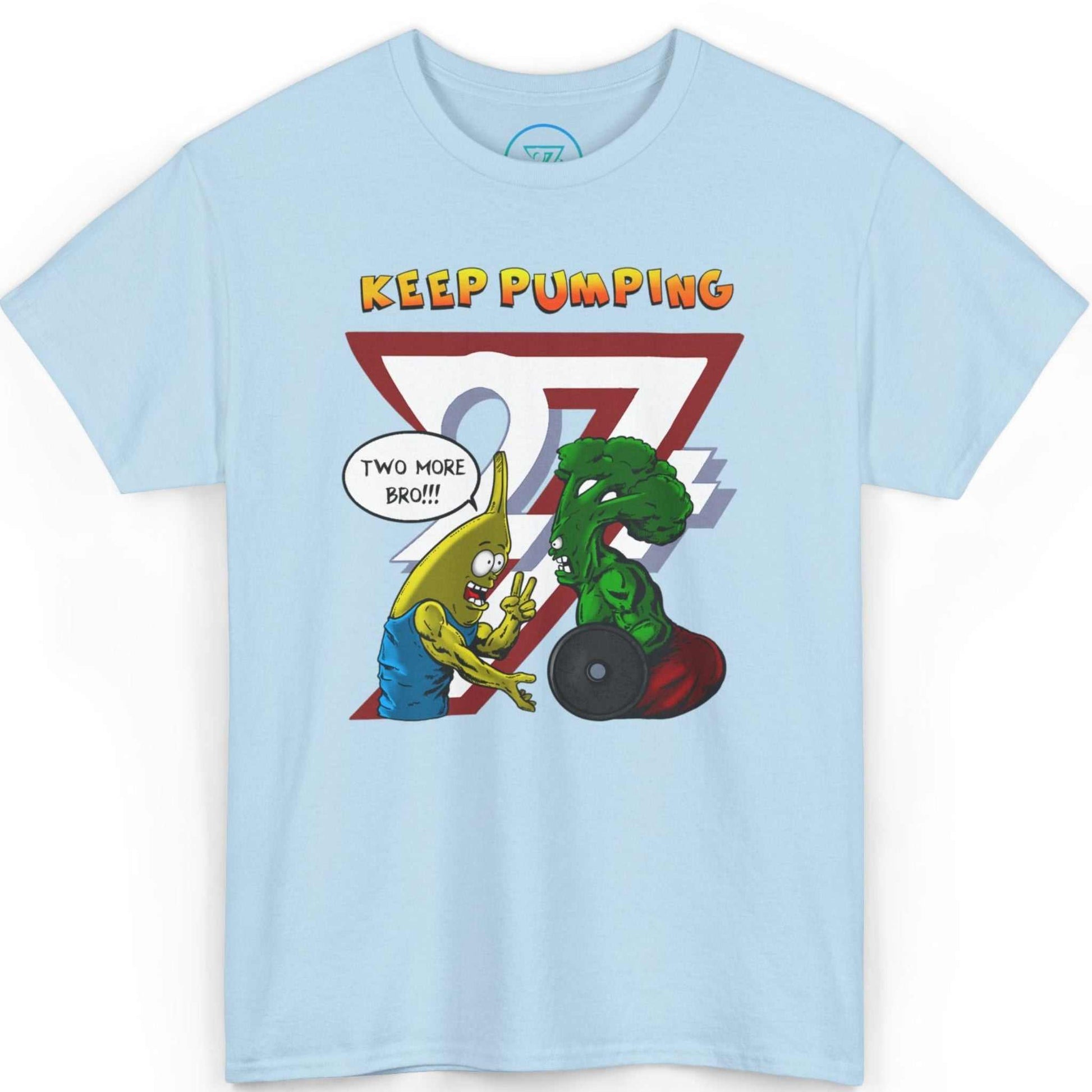 Front view of a light blue funny gym buddy shirt showcasing the playful hand-drawn art, shown on a clean background.