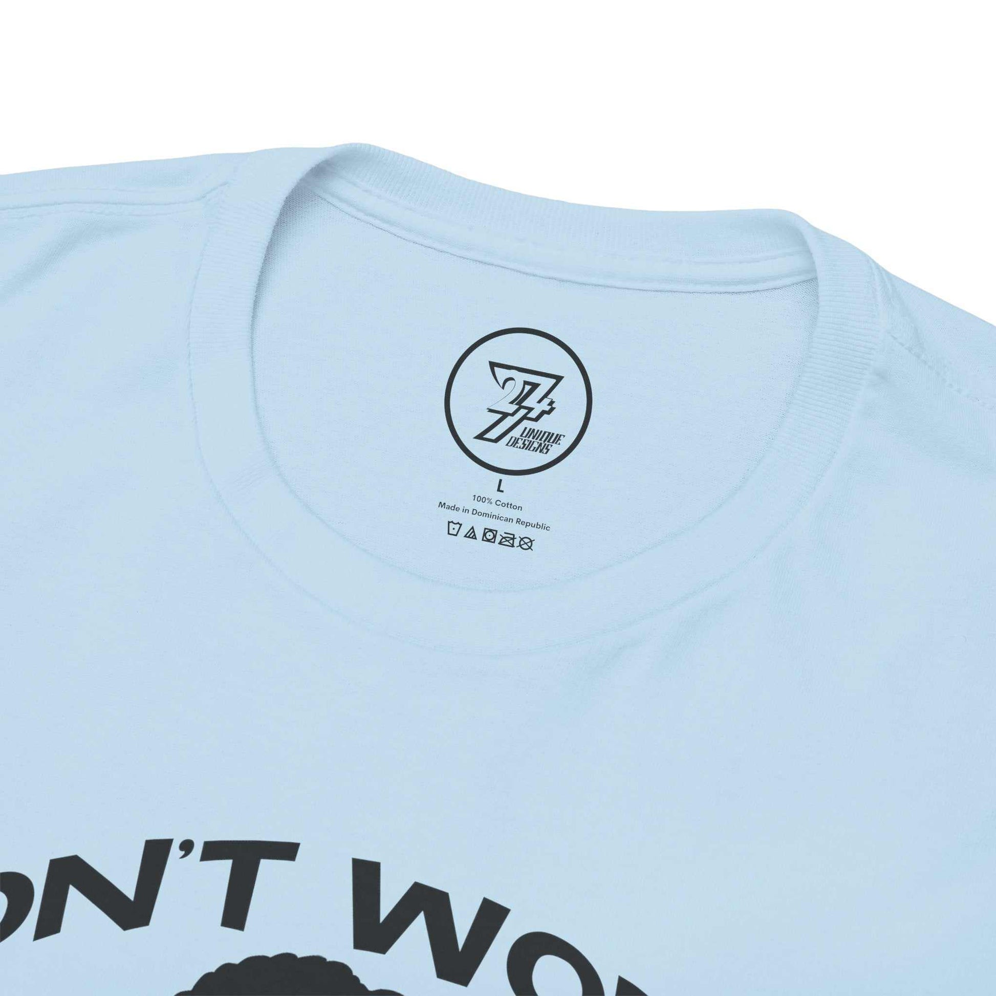 Light blue funny grphic t-shirt with the 24/7 logo