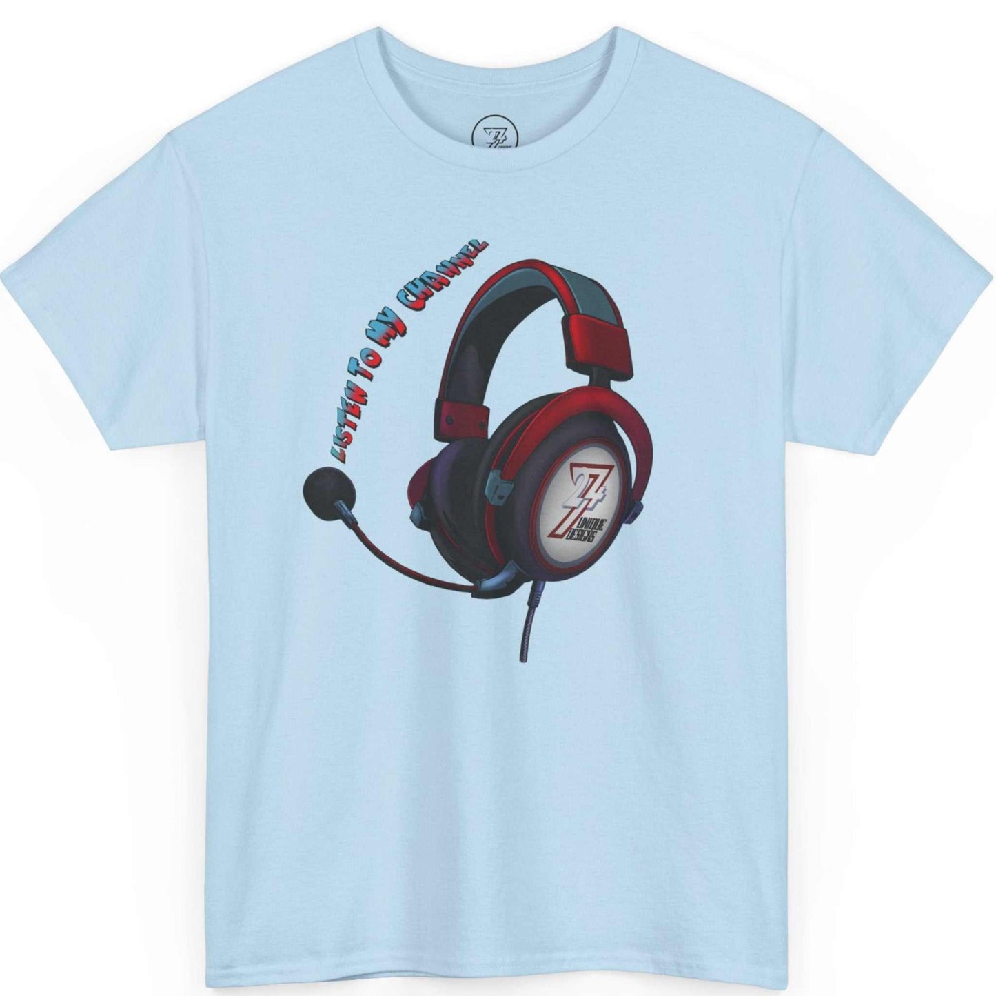 Light blue gamer headset streamer shirt featuring the custom 3D typography, laid flat.