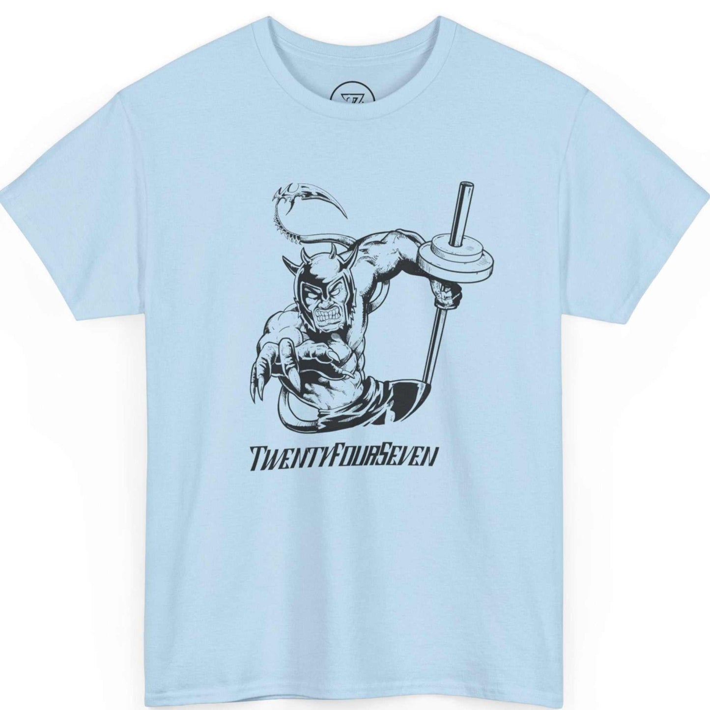 Front view of a light blue geek gym wear tee showcasing the fun and energetic graphic novel design, laid flat.