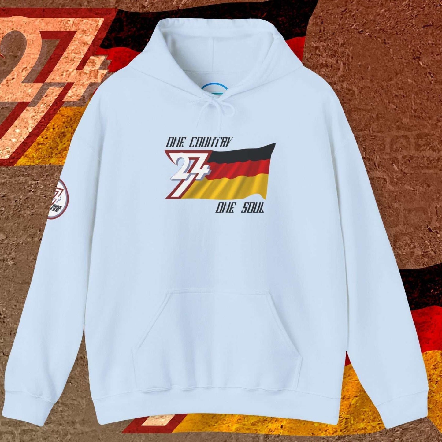 Front perspective of the Light Blue Deutschland hoodie, featuring a fleece-lined interior and refined graphics.