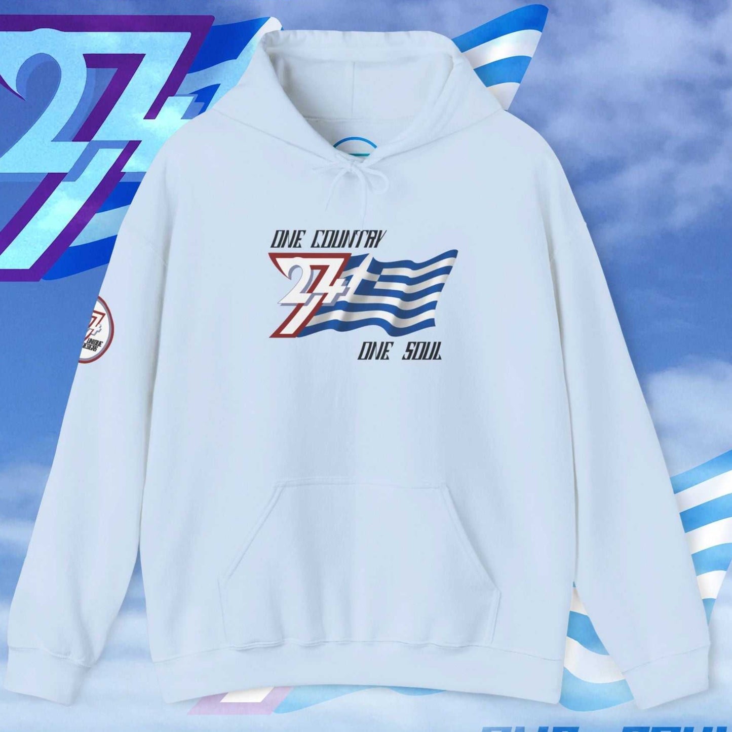 Clear Light Blue Greece flag hoodie showing the 8oz fabric texture and artist-original graphics.