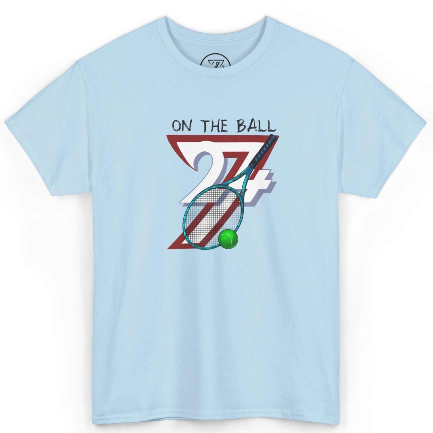 Front view of a light blue hand-drawn athletic shirt featuring the semi-realistic tennis racket and ball art, laid flat on a clean background.