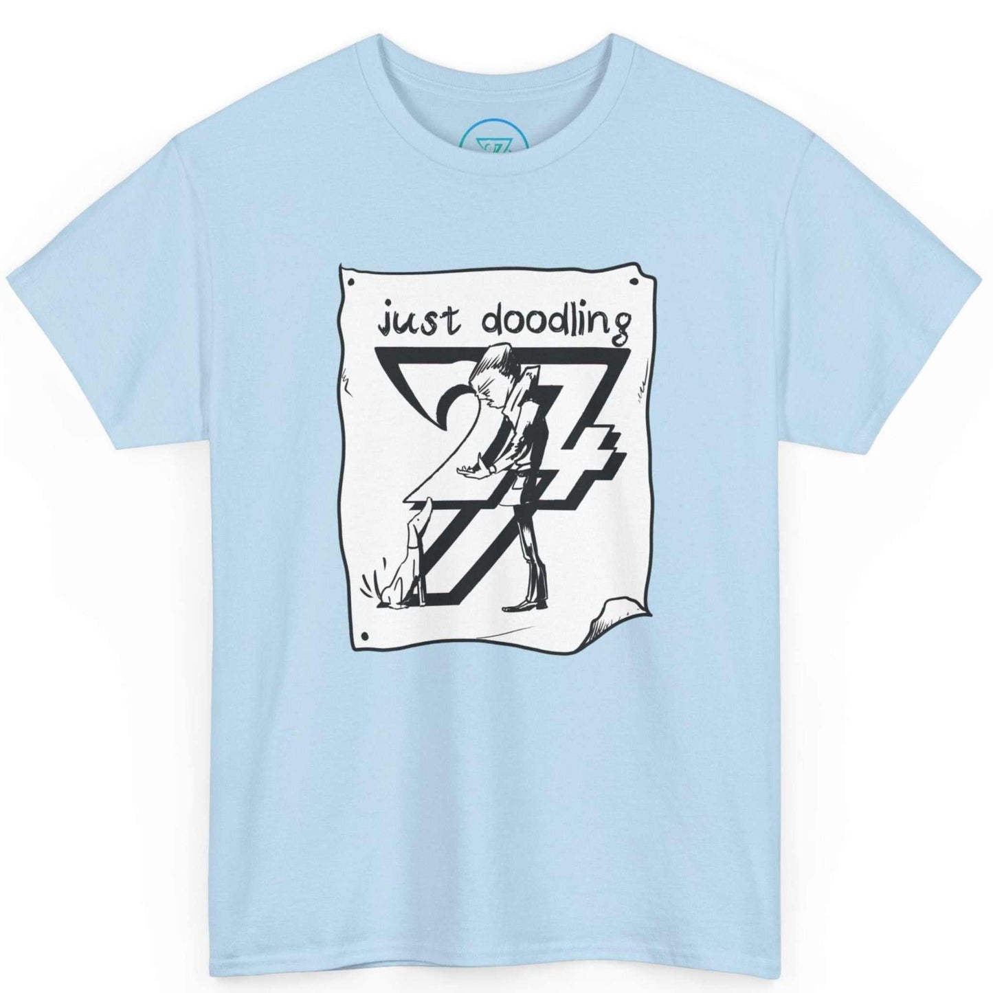 Soft light blue hand-drawn dog caricature shirt highlighting the comic line art aesthetic, laid flat.