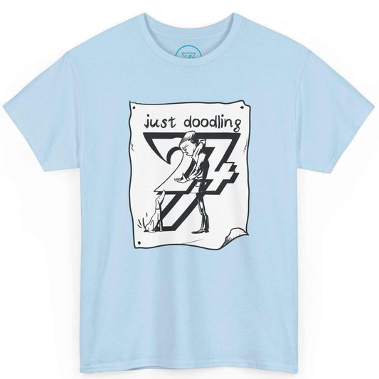 Soft light blue hand-drawn dog caricature shirt highlighting the comic line art aesthetic, laid flat.