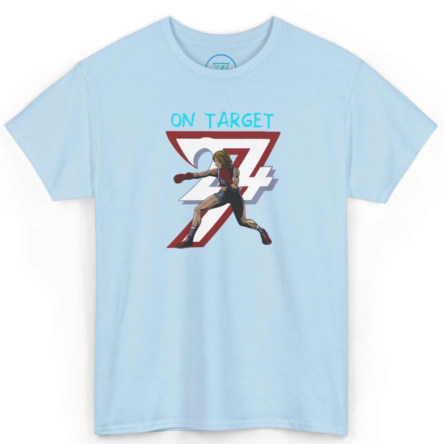 Front view of a light blue hand-drawn fighter shirt featuring the comic-style boxer graphic, laid flat on a clean background.