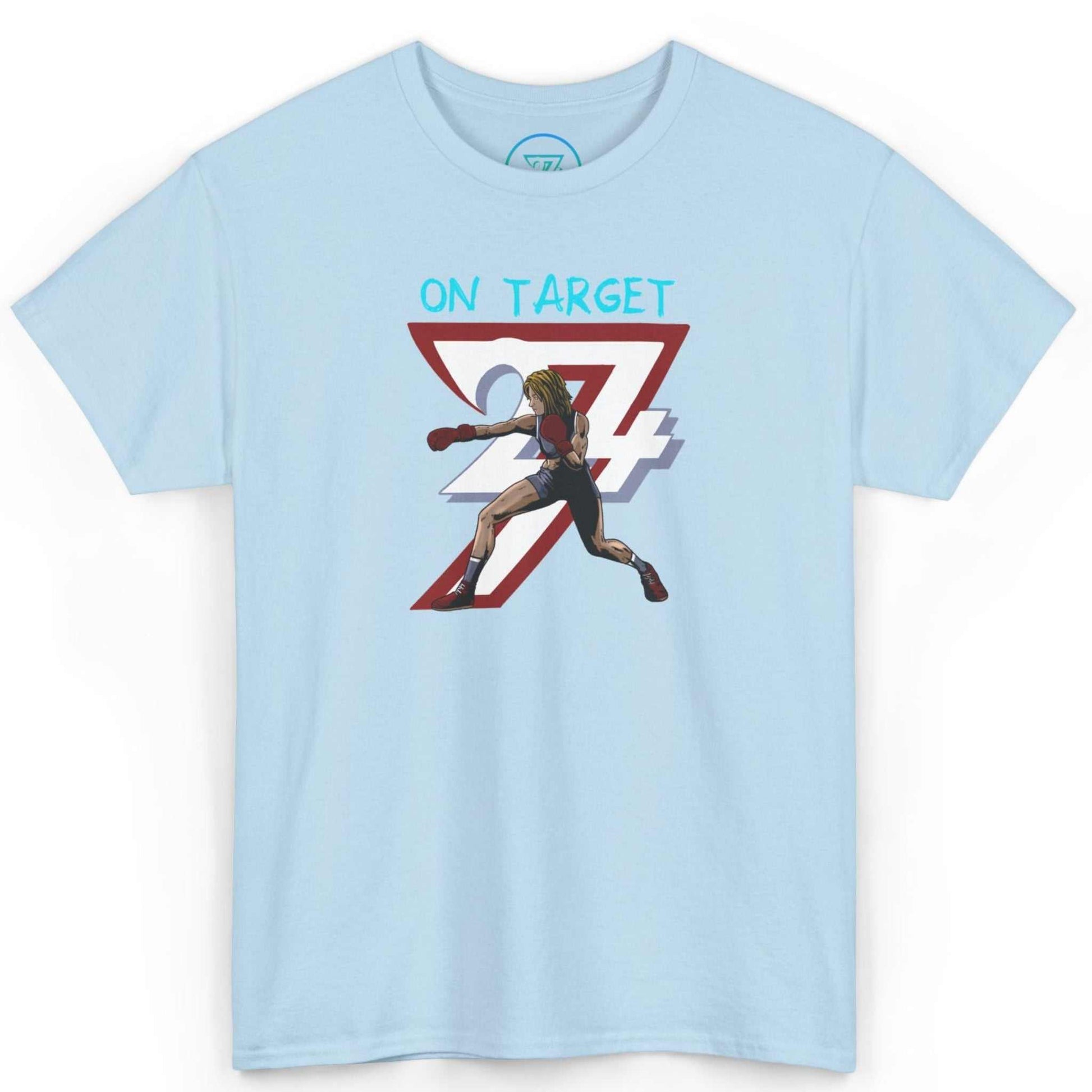 Front view of a light blue hand-drawn fighter shirt featuring the comic-style boxer graphic, laid flat on a clean background.