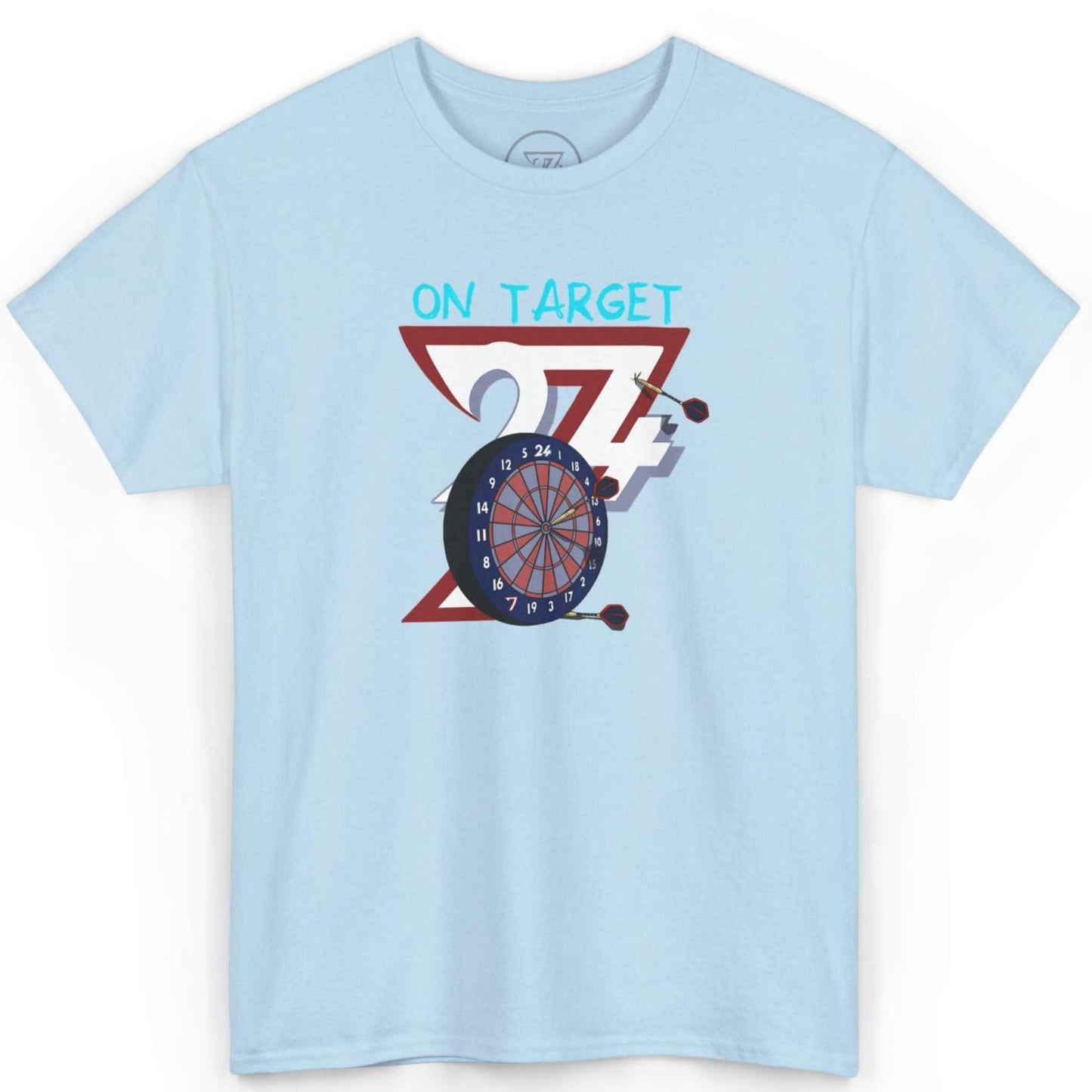 Front view of a light blue hand-drawn pub game shirt featuring the classic On Target graphic, laid flat on a clean background.