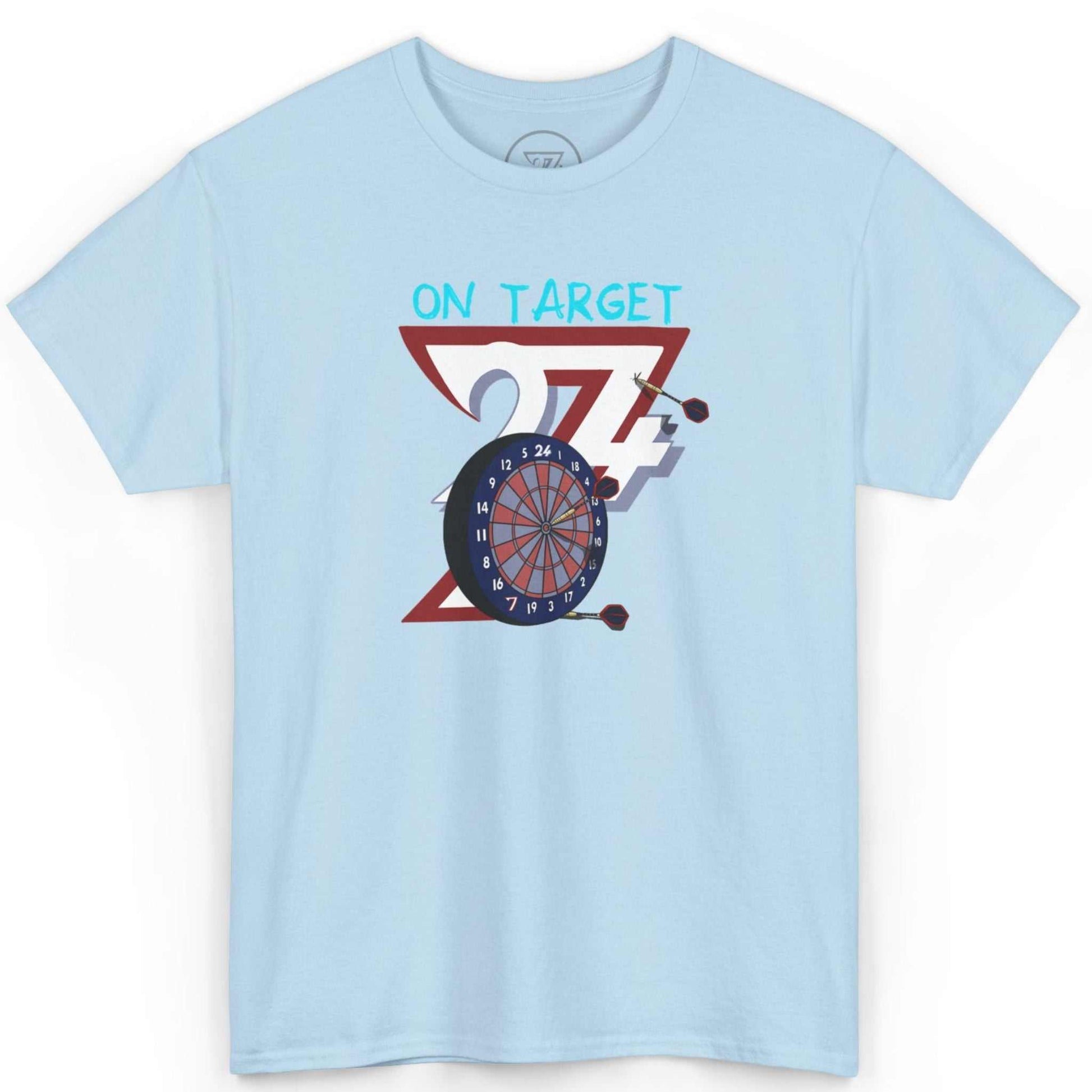 Front view of a light blue hand-drawn pub game shirt featuring the classic On Target graphic, laid flat on a clean background.