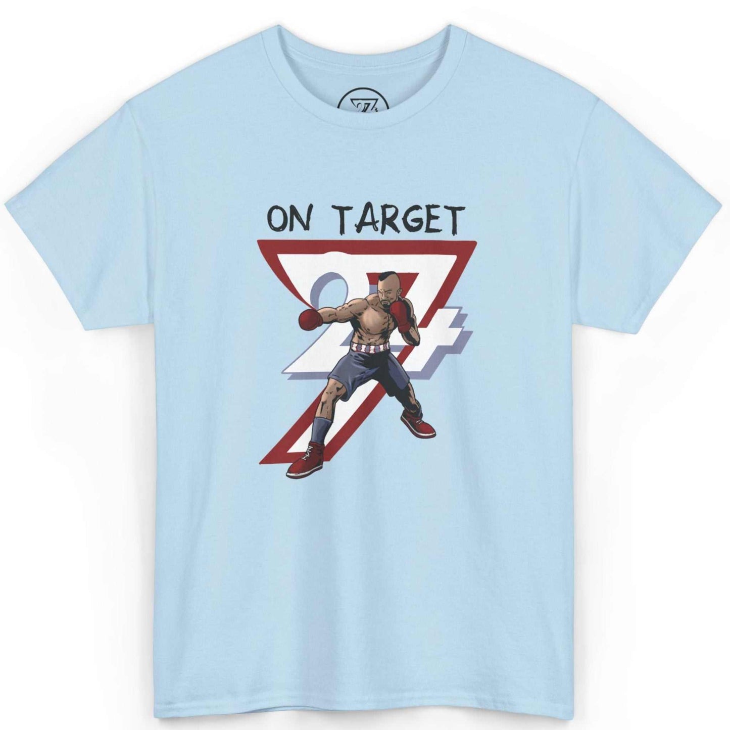 Front view of a light blue hand-drawn sports shirt featuring the comic-style boxer graphic, laid flat on a clean background.