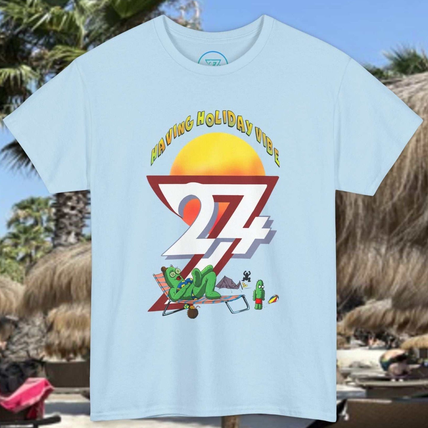 Sky blue cartoon cactus shirt with ironic Having Holiday Vibe typography and a giant 24/7 logo.