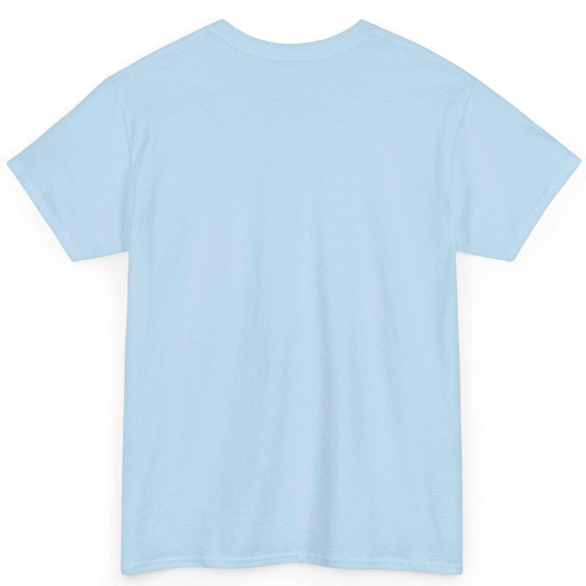 Back view of the light blue heavyweight cotton sports shirt, showing the clean, unprinted tubular back canvas.