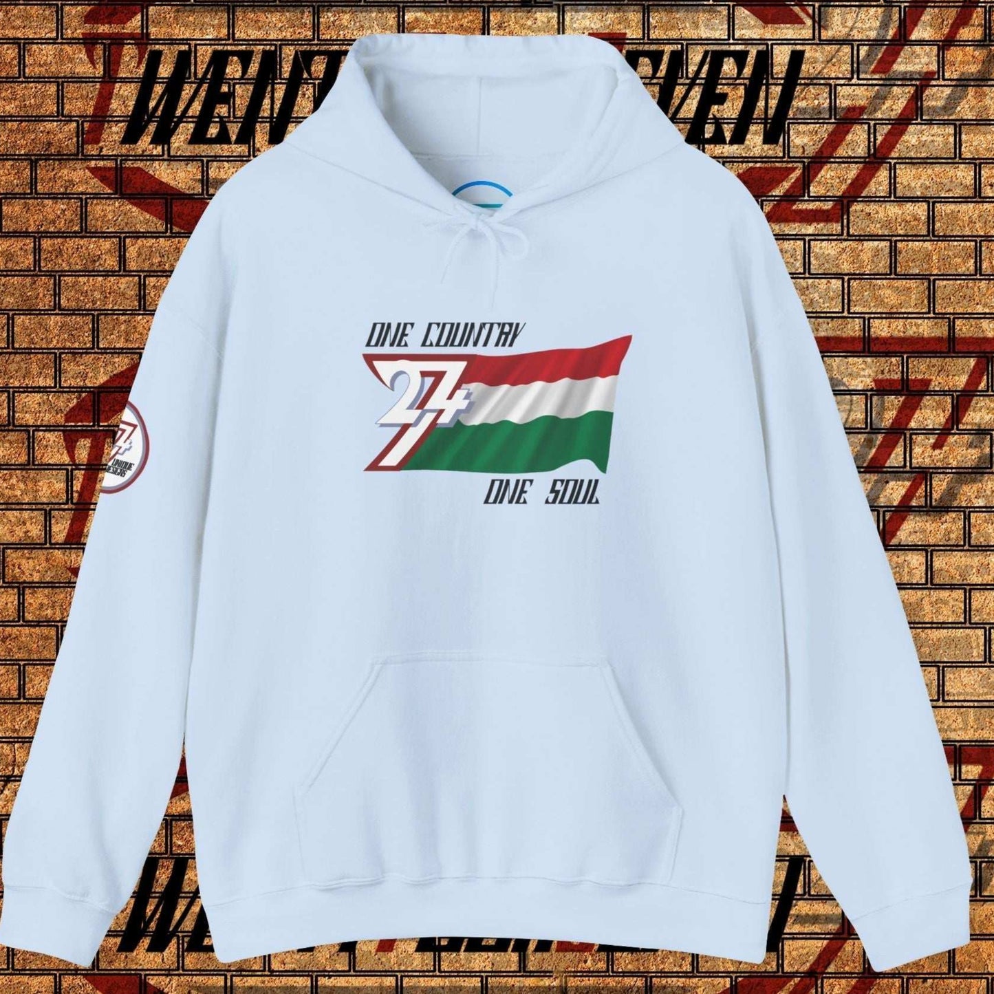 Full product shot of the Light Blue Hungary flag hoodie showcasing the hand-drawn artwork.