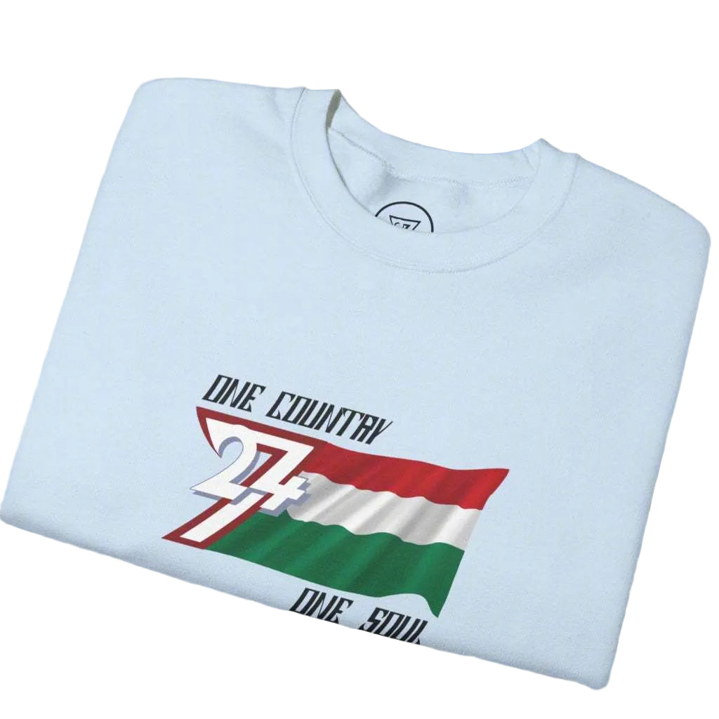 Light Blue unisex sweatshirt featuring the Hungary flag with "One country, one soul" text design